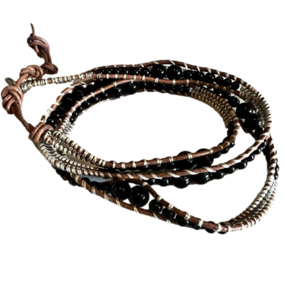 BINDY USA Leather and Crystal Adj. Wrap Bracelet Brand New Black & Silver